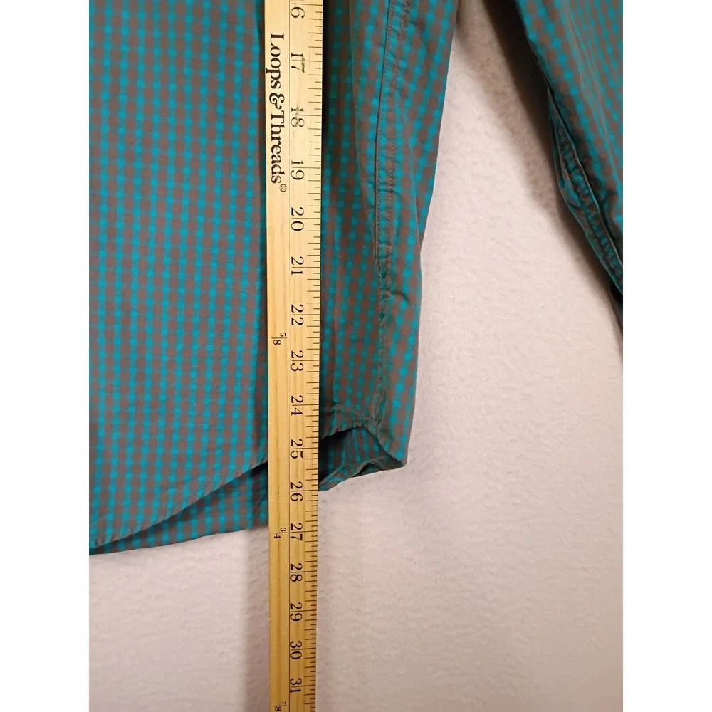 Preppy J.Crew Mens Large Teal Micro-Check Slim Fit Cotton Button Down Shirt